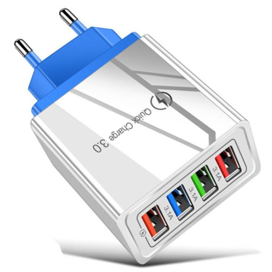 USB Wall Charger/ Adapter - 4 Port Fast Charge Compatible - Grey